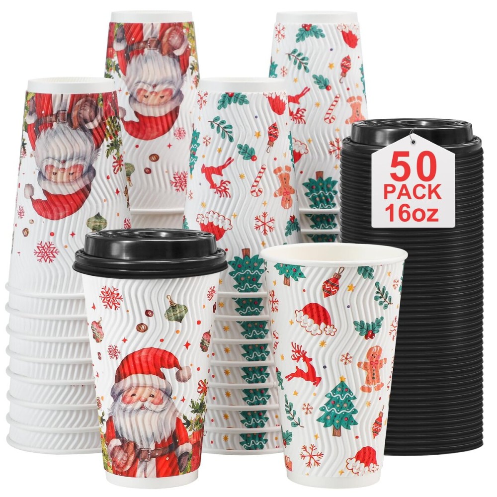 Lamosi 50 Pack 16 OZ Christmas Coffee Cups with Lids, Christmas Insulated To Go Coffee Cups, Hot/Cold Beverages Xmas Winter for Home Office Holiday Party