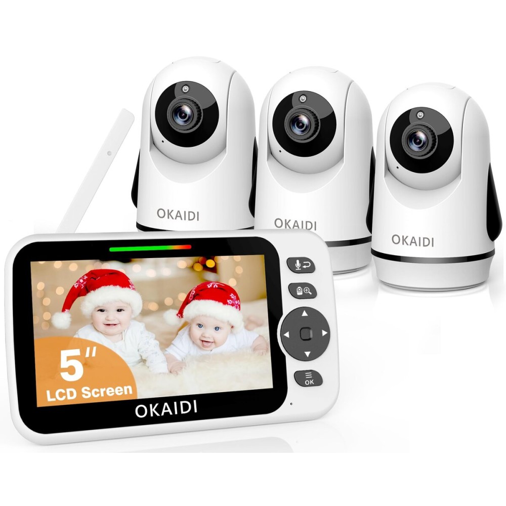 OKAIDI Video Baby Monitor with 3 Cameras, 5 Display Baby Monitor No WiFi, 30H Battery and 1000ft Range, 2-Way Talk, 8 Lullabies, Remote Pan-Tilt-Zoom Baby Camera for Baby/Pet/Elderly