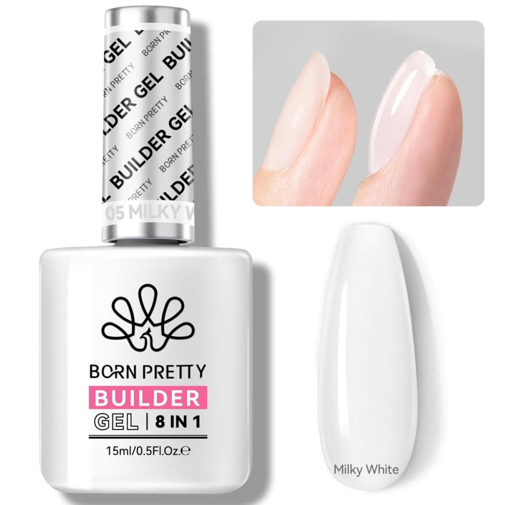 BORN PRETTY Builder Gel for Nails, 8-in-1 Milky White Clear Builder Nail Gel for Nail Apex and Gel Extension Strengthener, Nail GLue Gel Hard Gel Base Rhinestone Nail Glue Gel in a Bottle 15ml