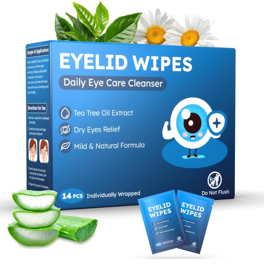 14PCS Tea Tree Oil Eyelid Wipes for Itchy & Dry Eyes, Pre-Moistened Wipes for Styes & Blepharitis, Daily Eye Cleansing Wipe, Hypoallergenic & Soothing For Sensitive Eyes, Stay Hydrated Lid Wipe