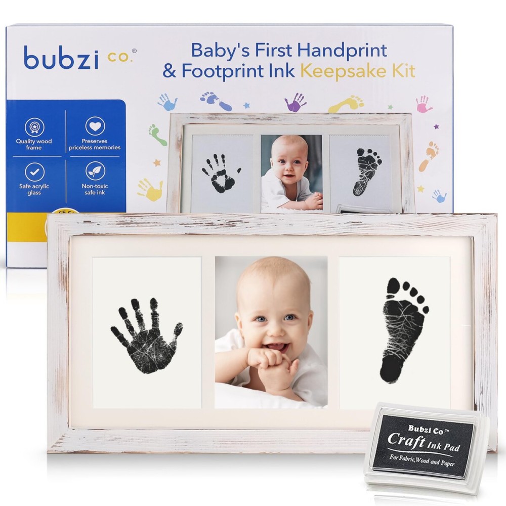 Bubzi Co Baby Handprint Kit & Footprint Photo Frame for Newborn Girls and Boys, Unique Baby Shower Gifts Set for Registry, Memorable Keepsake Decorations for Room Wall or Nursery Decor (White Wash)