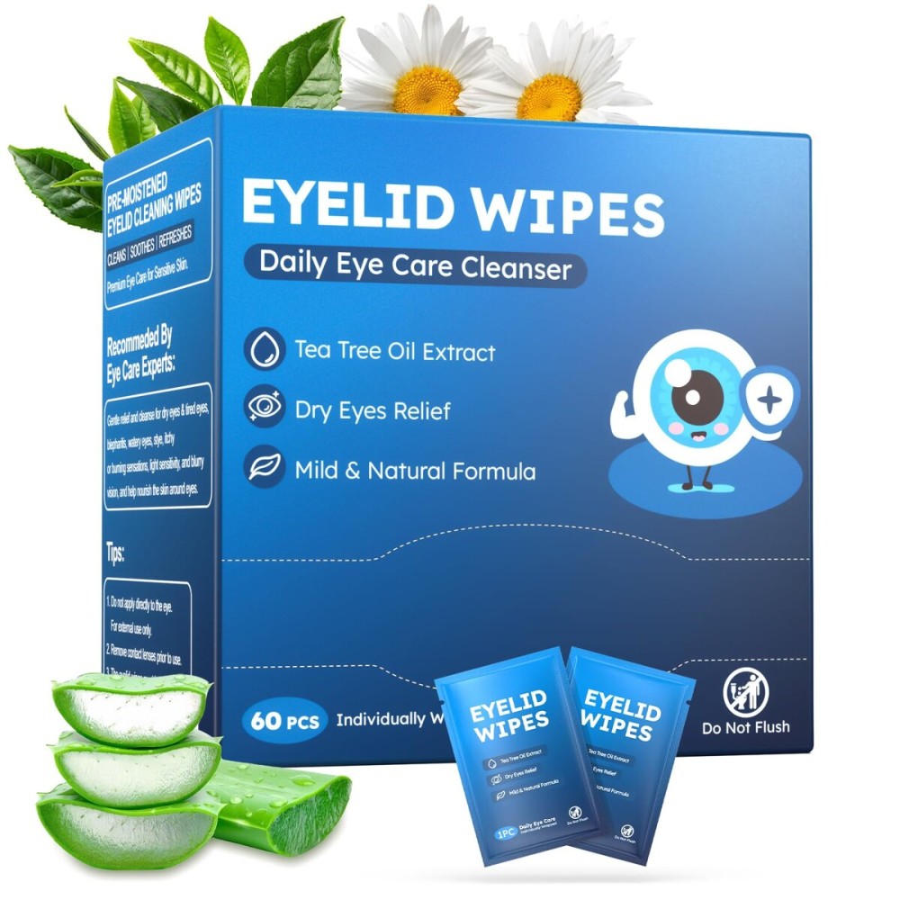 60PCs Eyelid & Lash Wipes with Hyaluronic Acid, Tea Tree Oil Eye Cleaser For Blepharitis, Itchy & Stye Eyes, Pre-Moistened Eyelid Wipes for Dry Eyes Relief, Daily Care Cleanser for Sensitive Eye