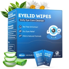 60PCs Eyelid & Lash Wipes with Hyaluronic Acid, Tea Tree Oil Eye Cleaser For Blepharitis, Itchy & Stye Eyes, Pre-Moistened Eyelid Wipes for Dry Eyes Relief, Daily Care Cleanser for Sensitive Eye