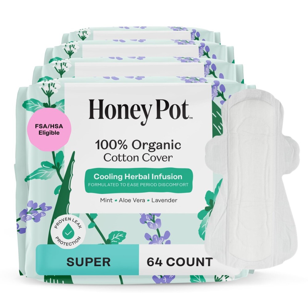 The Honey Pot Company - 64ct - Herbal Pads for Women - Super w/Wings - Infused w/Essential Oils for Cooling Effect, Organic Cotton Cover, & Ultra-Absorbent Pulp Core - Feminine Care