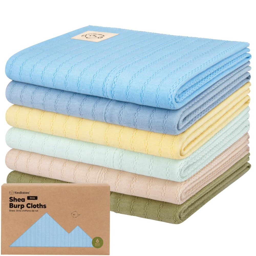 KeaBabies Organic Cotton Burp Cloths Baby Girl, Boy - 6-Pack Large Burping Clothes for Babies, Spit Up Rags, Super Soft & Absorbent Newborn Wash Towels, Gender Neutral, Non-Shrink (Stria, Daybreak)
