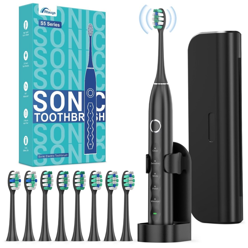Rtauys S5 Sweeping Electric Toothbrush - Rechargeable Electric Toothbrushes with 8 Heads, Power Electric Toothbrush with Holder, 2.5 Hours Charge for 45 Days Battery Life - Black
