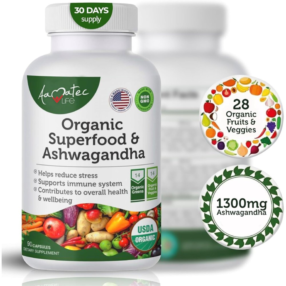AAMATEC LIFE Organic Superfood Greens Fruits and Veggies Complex with Ashwagandha