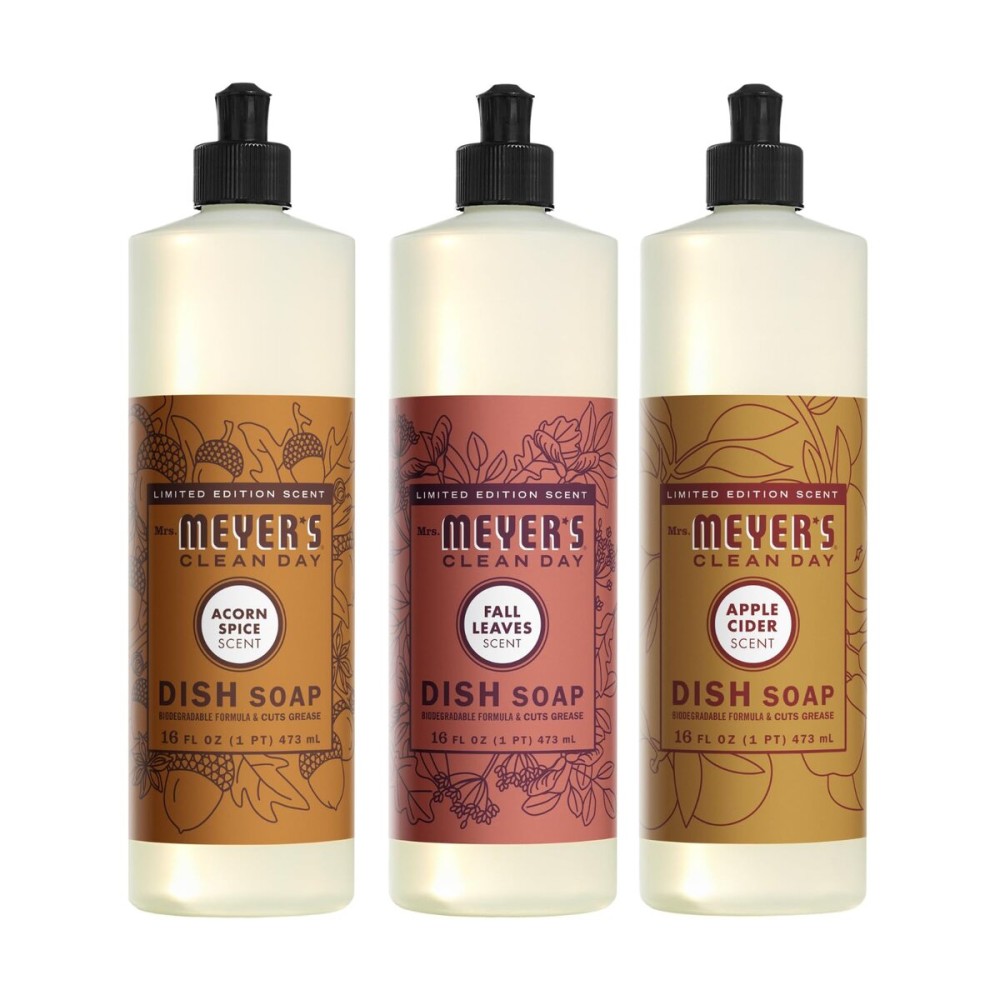 Mrs. MEYER\'S CLEAN DAY Liquid Dish Soap 3 Pack Variety, Acorn Spice, Apple Cider, Fall Leaves, 16 OZ Each, 1 CT