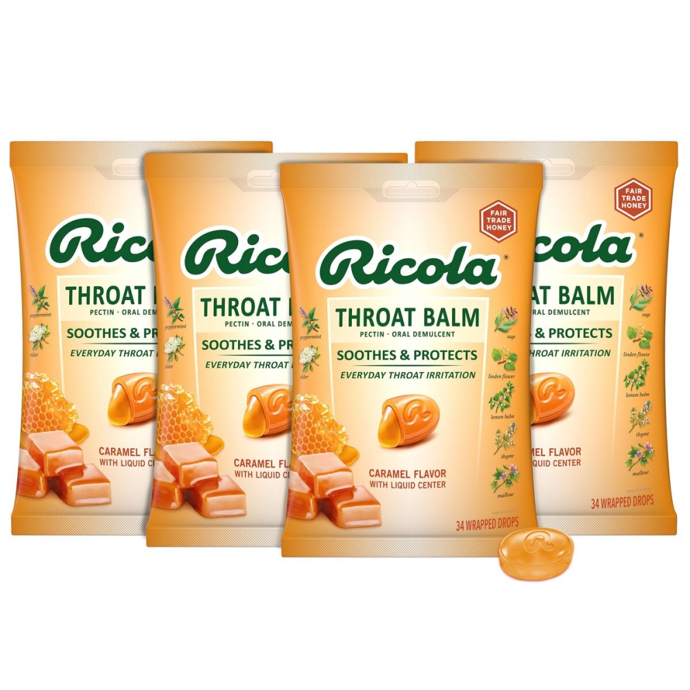 Ricola Throat Balm Caramel Throat Drops with Liquid Center, 34 Count (Pack of 4) Coat & Protect Your Throat, Daily Throat Relief & Protection, Oral Demulcent