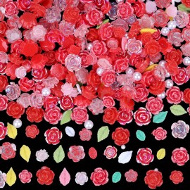 Sinyanail 3D Flower Nail Charms Set,150pcs Mixed Size Camellia Rose Resin Charms,150pcs Mixed Size and Color Leaves,100pcs Round White Pearl Beads for Women\'s Manicure Making (9-Camellia Red)