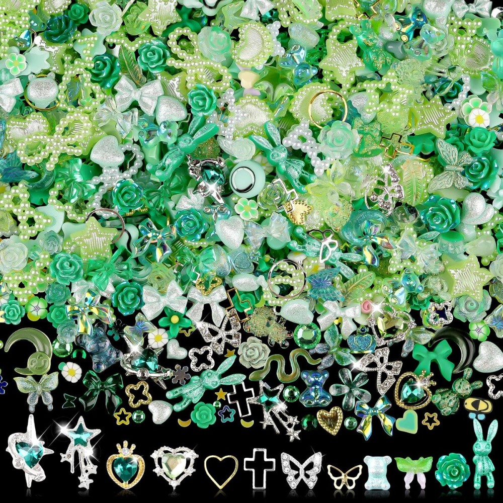 Sinyanail 3D Flower Nail Charms Set,150pcs Mixed Size Camellia Rose Resin Charms,150pcs Mixed Size and Color Leaves,100pcs Round White Pearl Beads for Nail Accessories Nail Art (30-Metal-Green)