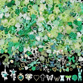 Sinyanail 3D Flower Nail Charms Set,150pcs Mixed Size Camellia Rose Resin Charms,150pcs Mixed Size and Color Leaves,100pcs Round White Pearl Beads for Nail Accessories Nail Art (30-Metal-Green)