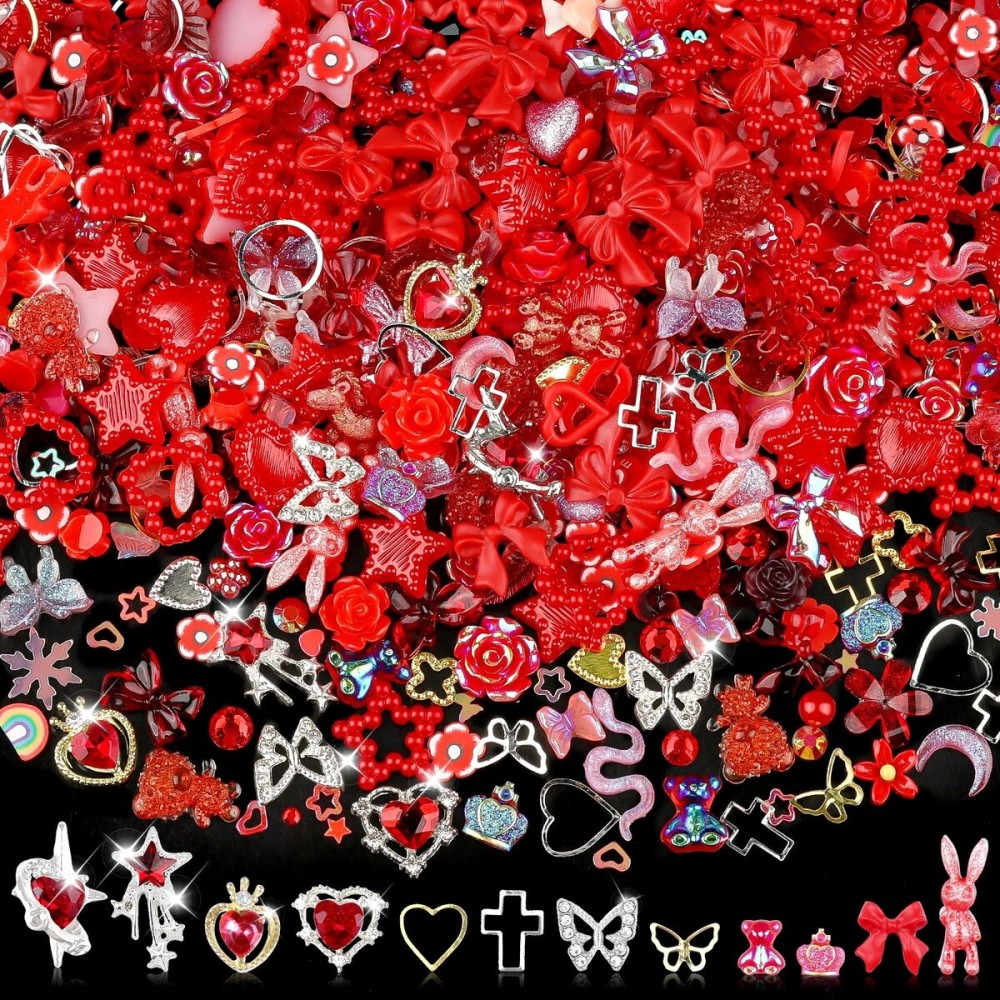 Sinyanail 3D Flower Nail Charms Set,150pcs Mixed Size Camellia Rose Resin Charms,150pcs Mixed Size and Color Leaves,100pcs Round White Pearl Beads for Nail Accessories Nail Art (25-Metal-red)