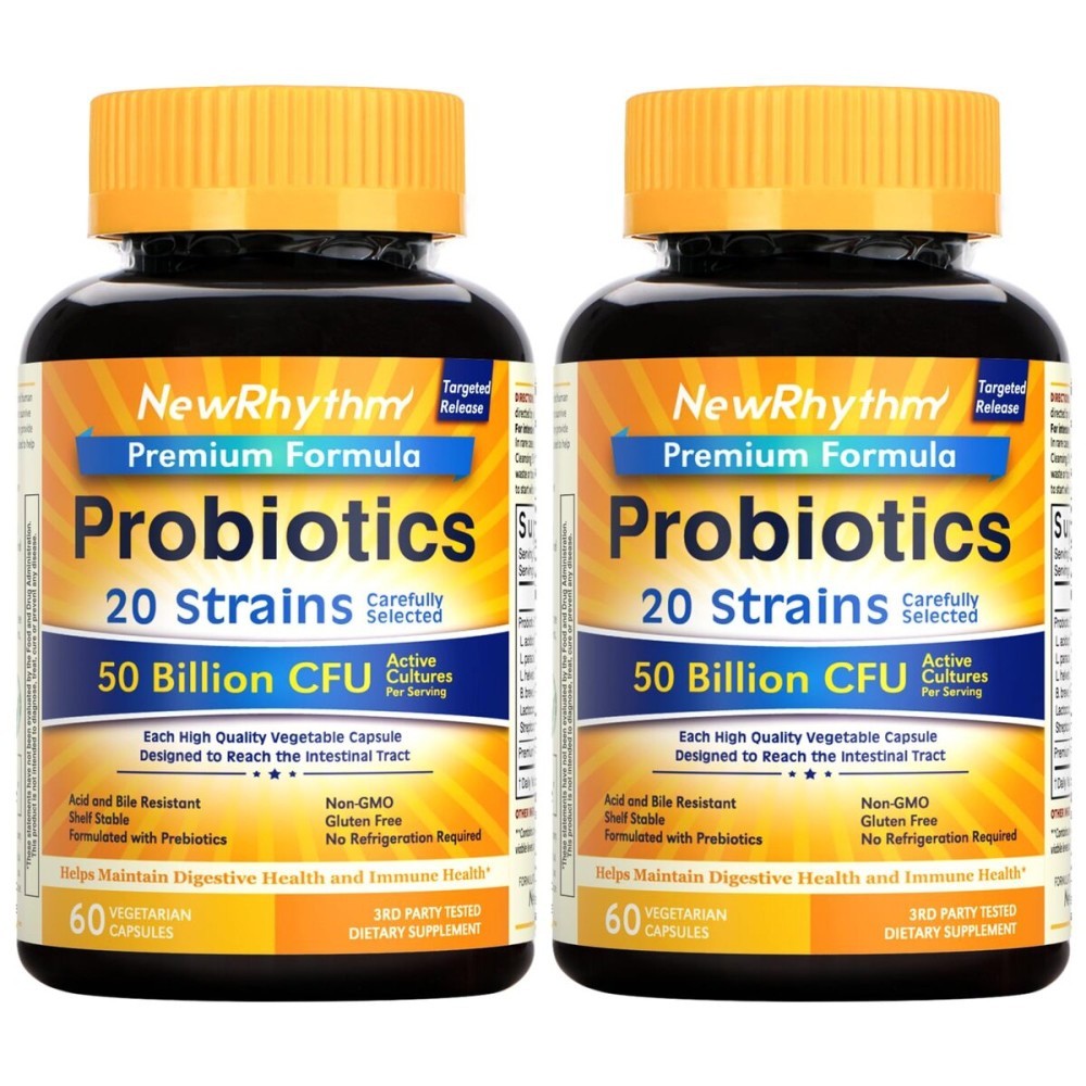 NewRhythm Probiotics 50 Billion CFU 20 Strains, 120 Veggie Capsules, Targeted Release Technology, Stomach Acid Resistant, No Need for Refrigeration, Non-GMO, Gluten Free