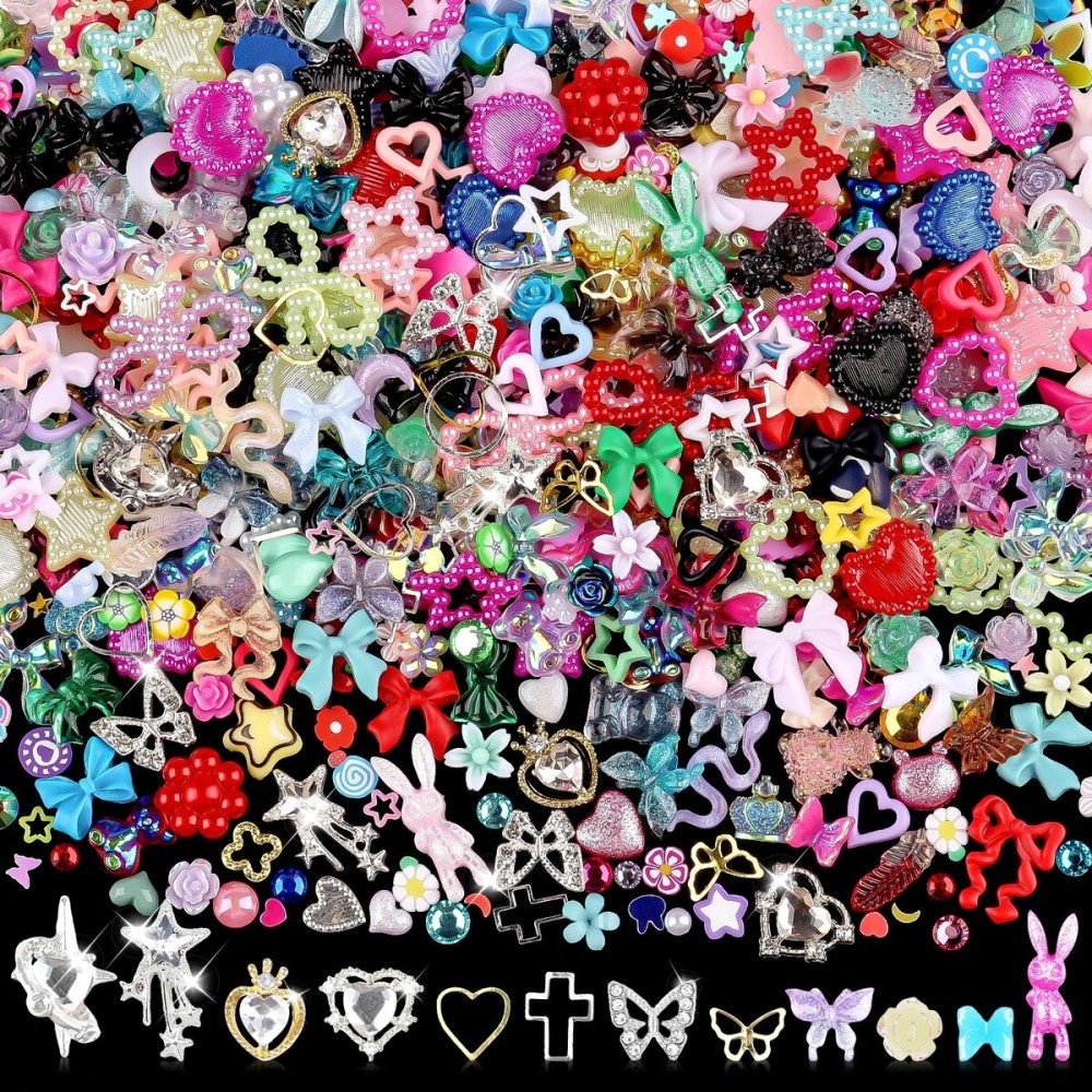 Sinyanail 3D Flower Nail Charms Set,150pcs Mixed Size Camellia Rose Resin Charms,150pcs Mixed Size and Color Leaves,100pcs Round White Pearl Beads for Nail Accessories Nail Art (32-Metal-Colorful)