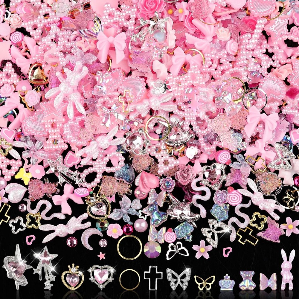 Sinyanail 3D Flower Nail Charms Set,150pcs Mixed Size Camellia Rose Resin Charms,150pcs Mixed Size and Color Leaves,100pcs Round White Pearl Beads for Nail Accessories Nail Art (26-Metal-Pink)