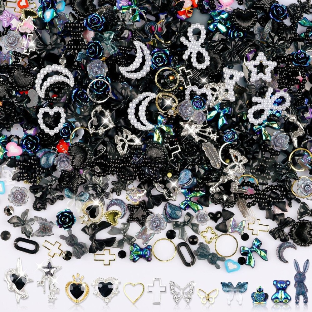 Sinyanail 3D Flower Nail Charms Set,150pcs Mixed Size Camellia Rose Resin Charms,150pcs Mixed Size and Color Leaves,100pcs Round White Pearl Beads for Nail Accessories Nail Art (23-Metal-Black)