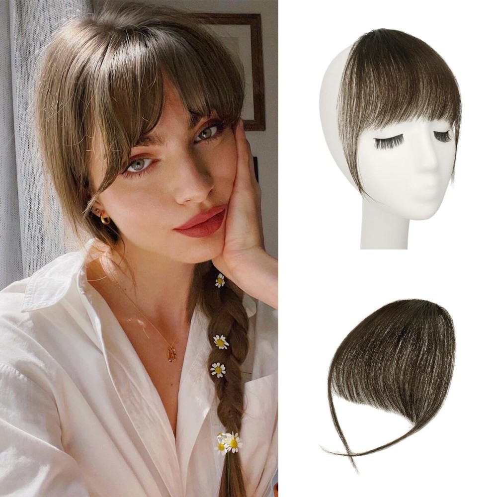 BARSDAR Real Human Hair Clip in Bangs - 100% Human Hair Clip in Bangs for Women - Brown Wispy Bangs Extensions Fringe with Temples Dyeable Real Hair Bangs Hairpieces - Brown