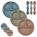 PandaEar Baby Feeding Set, 3 Pack Toddler Plates with 3 Spoons, 100% Silicone Divided Suction Plate for Babies, BPA-Free, Dishwasher and Microwave Safe -Blue/Red/Brown