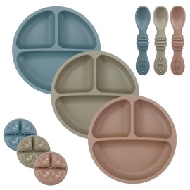 PandaEar Baby Feeding Set, 3 Pack Toddler Plates with 3 Spoons, 100% Silicone Divided Suction Plate for Babies, BPA-Free, Dishwasher and Microwave Safe -Blue/Red/Brown