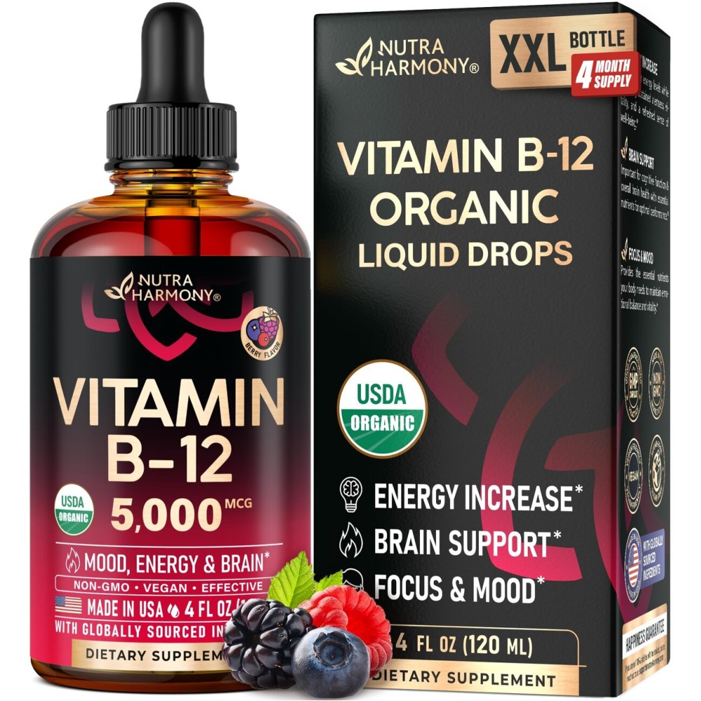 USDA Organic Vitamin B12 Sublingual Drops - 5000 mcg Liquid Vegan Methylcobalamin for Women & Men - Energy Boost, Focus & Mood, Brain Health Support - Maximize Absorption - 4 Month Supply, 4 fl oz