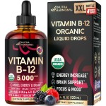 USDA Organic Vitamin B12 Sublingual Drops - 5000 mcg Liquid Vegan Methylcobalamin for Women & Men - Energy Boost, Focus & Mood, Brain Health Support - Maximize Absorption - 4 Month Supply, 4 fl oz