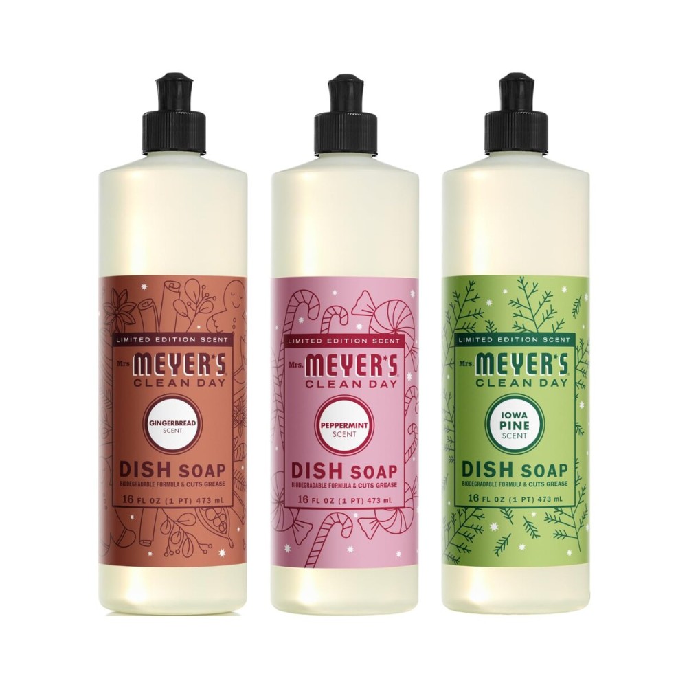 Mrs. MEYER\'S CLEAN DAY Dish Soap 3 Pack Variety, 16 OZ Each, 1 CT (Iowa Pine + Peppermint + Gingerbread (Dish Soap))