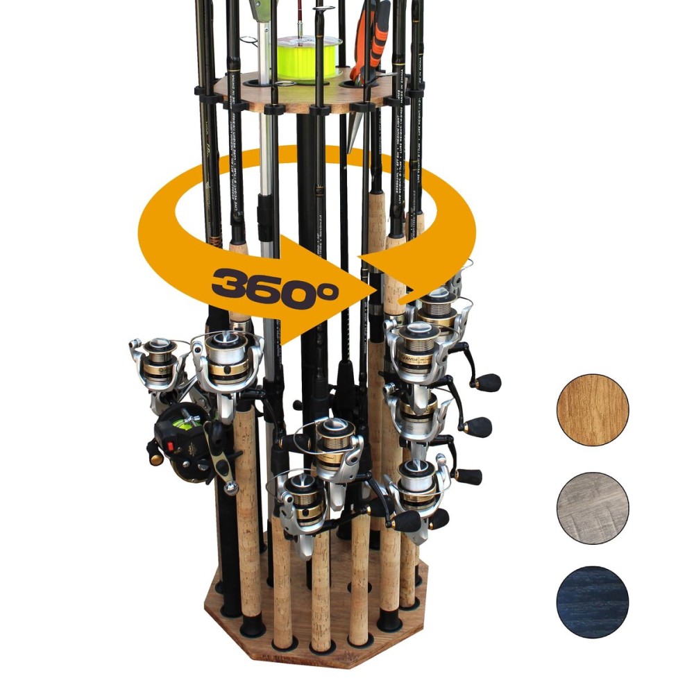 Rush Creek Creations 16-Rod Round Fishing Rod Holder for Garage, 360 Access Fishing Pole Holder for Fishing Rods, Reels, Gear, and Accessories, Securely Holds 16 Rods, Wood Grain