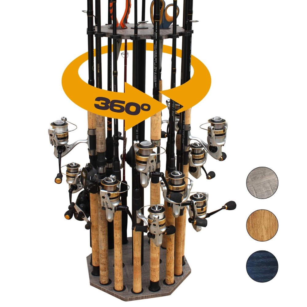 Rush Creek Creations 16-Rod Round Fishing Rod Holder for Garage, 360 Access Fishing Pole Holder for Fishing Rods, Reels, Gear, and Accessories, Securely Holds 16 Rods, Gray