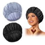 Reusable Shower Cap for Women, Large Waterproof Shower Bonnet Washable Elastic Band Bath Accessories Hair Hat for Long Hair, Braids(Black&Gray)