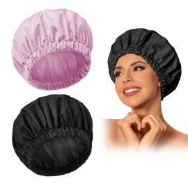 Reusable Shower Cap for Women, Large Waterproof Shower Bonnet Washable Elastic Band Bath Accessories Hair Hat for Long Hair, Braids(Black&Purple)