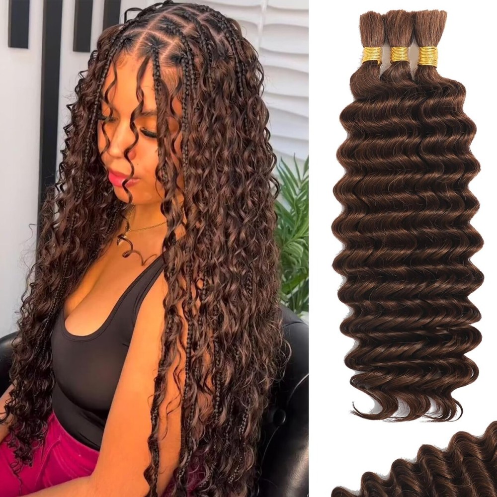 Human Braiding Hair for Boho Braids Human Hair 110g 24 Inch Curly Boho Hair for Braiding Knotless 12A Deep Wave Bohemian 3 Bundles/Pack Chocolate Brown
