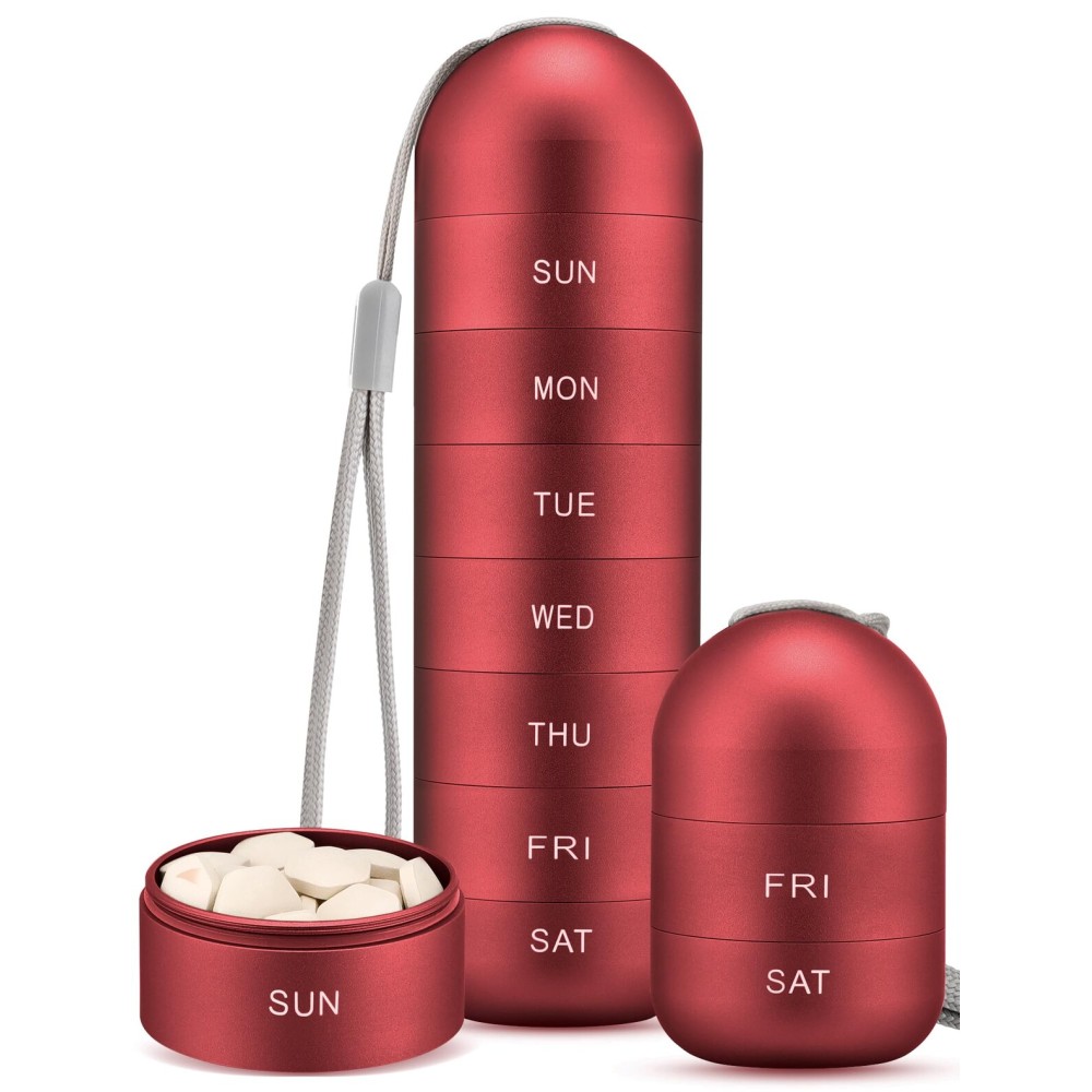 Zannaki Metal Moisture Proof Weekly Pill Organizer, Large Aluminum Alloy BPA Free Travel Hiking 7 Day Pill Box Case Waterproof and Stackable Compartment to Hold Pills, Vitamins, Fish Oil, Supplements