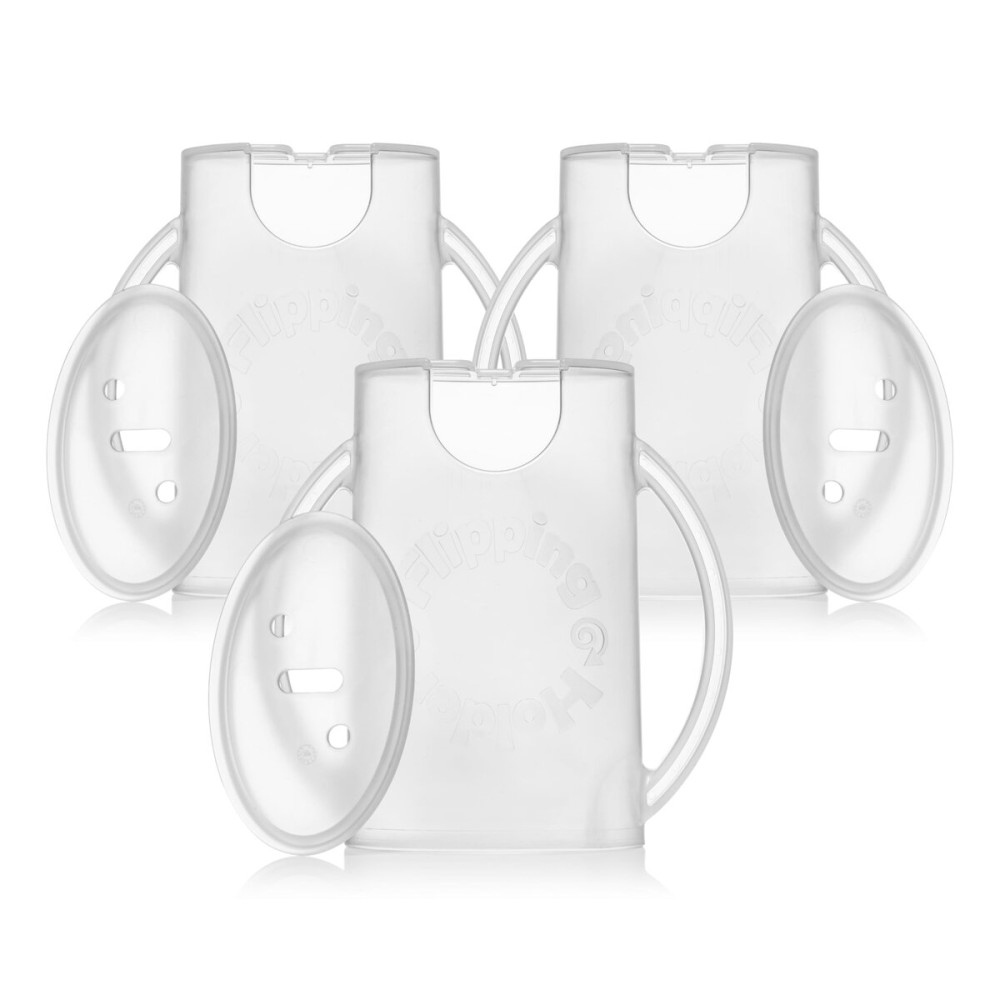 Flipping Holder Squeeze Proof Food Pouch Holder for Toddlers, Babies, Kids, Mess Free No Squeeze Juice Box Drink Holder with Easy Grip Handles and Lid - Made in USA (White 3 Pack)