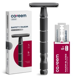 CAVEEM Double-Edge Safety Razor, Single-Blade Razors with 5 Stainless Steel Razor Blades for Men and Women, Reusable Metal Razor - Gun Metal Black
