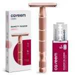 CAVEEM Rose Gold Double-Edge Safety Razor, Single-Blade Razors with 5 Stainless Steel Blades, Reusable Metal Razor for Men and Women