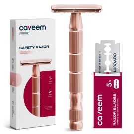 CAVEEM Rose Gold Double-Edge Safety Razor, Single-Blade Razors with 5 Stainless Steel Blades, Reusable Metal Razor for Men and Women