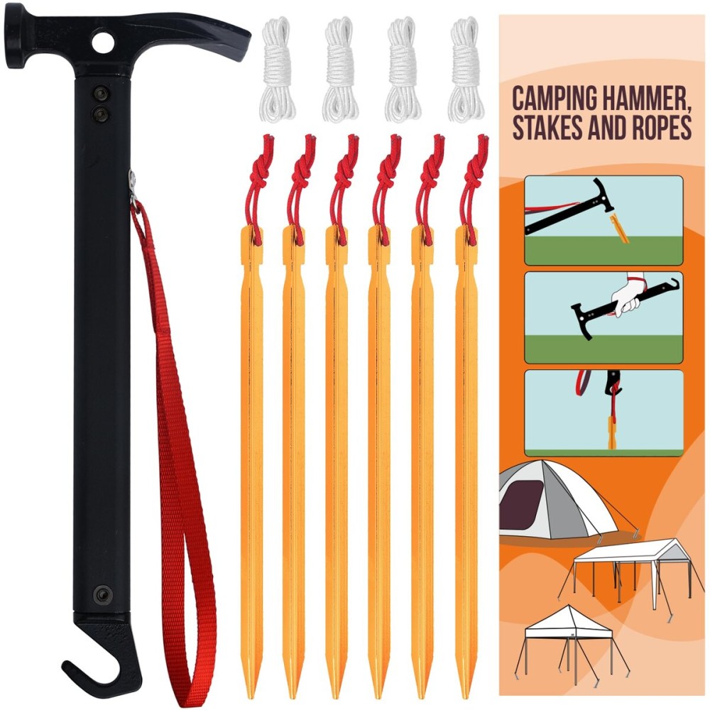 Eurmax USA Hiking Camping Tent Stakes and Hammer Set Lightweight Multi-Function Tent Hammer with Tent Stake Remover,Tent Pegs for Camping, Hiking, Backpacking, Gardening(Gold Stakes)