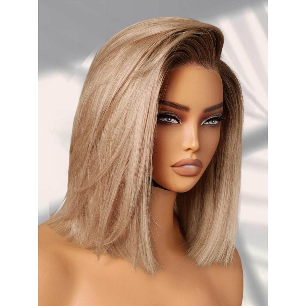 LUVME HAIR Ash Blonde Short Bob Wig - Human Hair, Glueless, Blunt Cut Style, HD Lace Closure, Pre Plucked, Side Parted Ombre Straight, 8 Inch