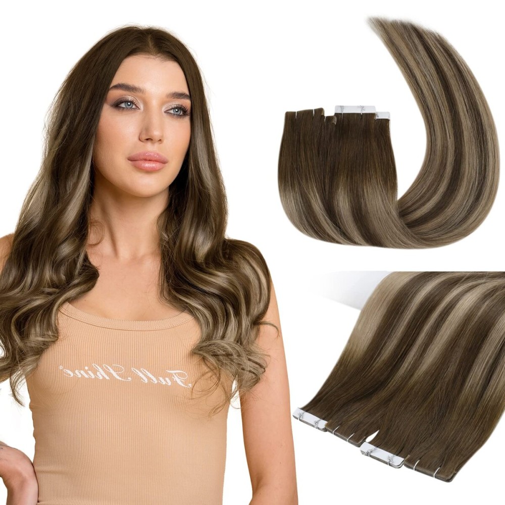 Full Shine Virgin Injection Tape in Hair Extensions Real Human Hair Color 4/27/4 Balayage Tape in Extensions 16 Inch Machine Remy Seamless Human 5Pcs 10Gram Invisible Injected