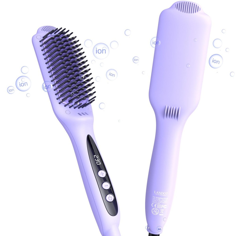 LANDOT Hair Straightener Brush for Damaged Hair - Keratin & Argan Oil Coated Bristles, Ionic Ceramic Straightening Brush to Reduce Frizz & Nourish Hair, Dual Voltage, 12 Temp 250-450F, Purple