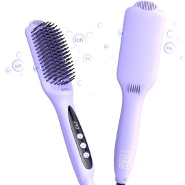 LANDOT Hair Straightener Brush for Damaged Hair - Keratin & Argan Oil Coated Bristles, Ionic Ceramic Straightening Brush to Reduce Frizz & Nourish Hair, Dual Voltage, 12 Temp 250-450F, Purple