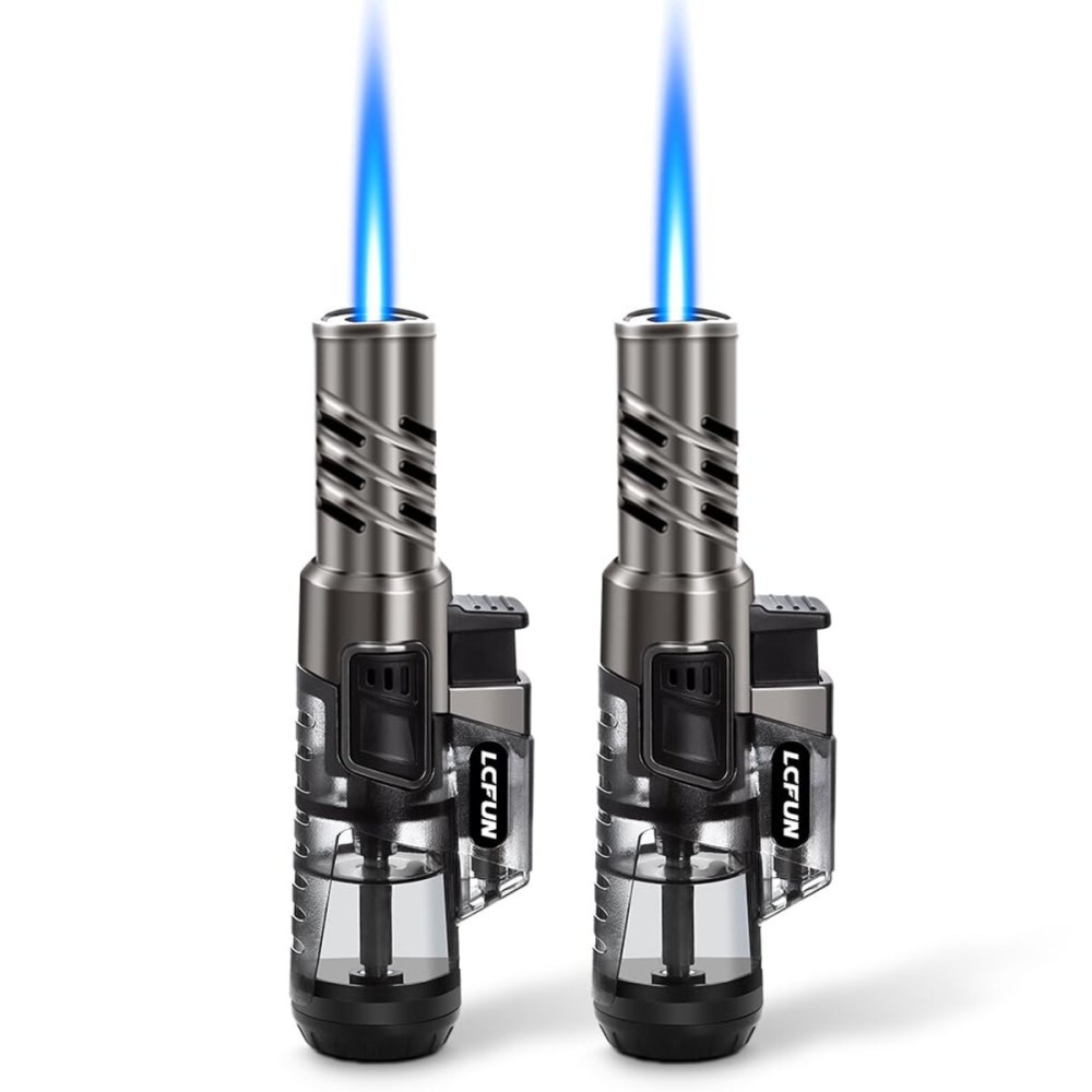 LcFun Torch Lighter 2 Pack Windproof Adjustable Single Jet Flame Butane Lighter Refillable Gas Lighter for Candle Camping Grill BBQ Fireplace (Butane Not Included)