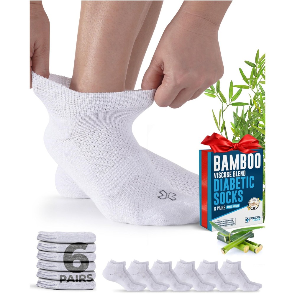 Doctor\'s Select Viscose Bamboo Ankle Diabetic Socks - 6 Pairs | Unisex Adult, White, Large
