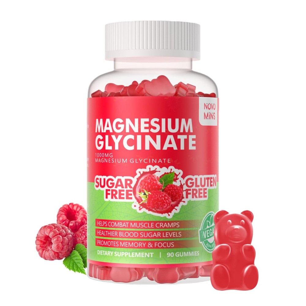 novomins 180 CT Magnesium Glycinate Gummies 1000mg - Sugar Free Magnesium Potassium Supplement with Vitamin D, B6, CoQ10 for Calm Mood & Sleep Support - 180 Raspberry Gummies