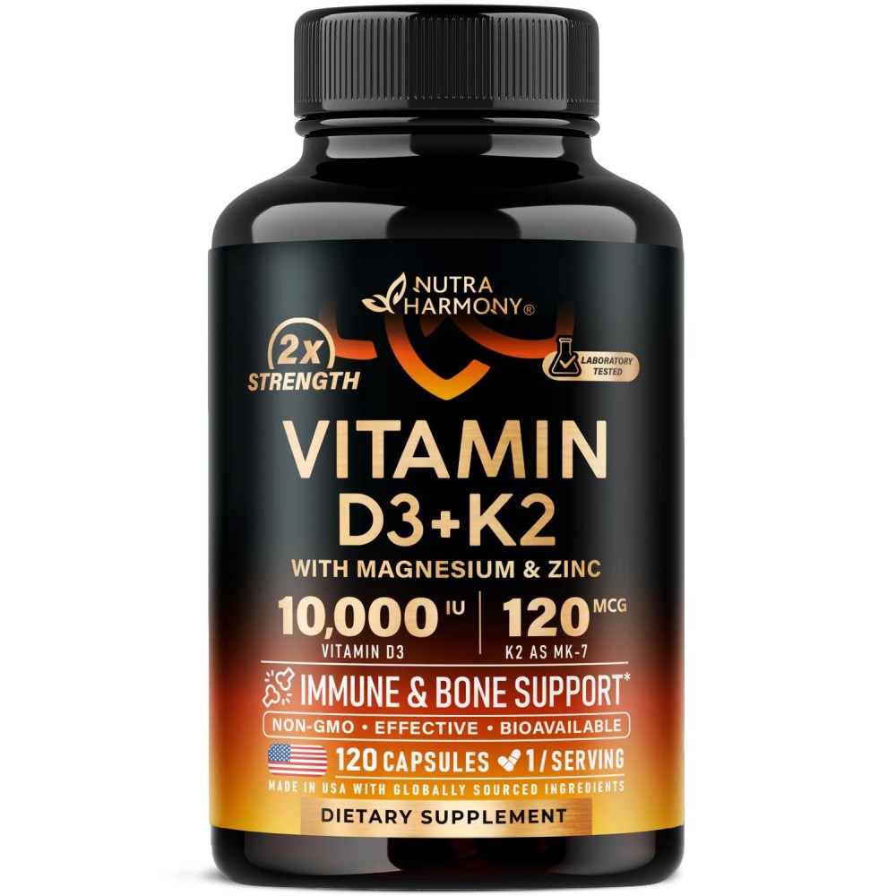 Vitamin D3 K2 - Vitamin D3 10000 iu & K2 as MK-7 120 mcg - Immune & Mood Support, for Bone & Teeth Health - with Magnesium, Zinc & Vitamin C & B12 - Highly Bioavailable - Made in USA, 120 Capsules
