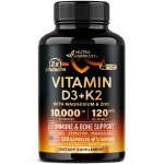 Vitamin D3 K2 - Vitamin D3 10000 iu & K2 as MK-7 120 mcg - Immune & Mood Support, for Bone & Teeth Health - with Magnesium, Zinc & Vitamin C & B12 - Highly Bioavailable - Made in USA, 120 Capsules