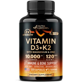 Vitamin D3 K2 - Vitamin D3 10000 iu & K2 as MK-7 120 mcg - Immune & Mood Support, for Bone & Teeth Health - with Magnesium, Zinc & Vitamin C & B12 - Highly Bioavailable - Made in USA, 120 Capsules