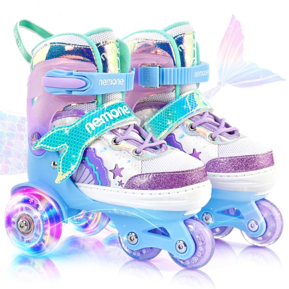 NEMONE Mermaid 4 Size Adjustable Light up Roller Skates for Girls, Blue Purple Skates for Toddlers, Beginner Kids Roller Skates Indoor Outdoor (Toddler Blue S)