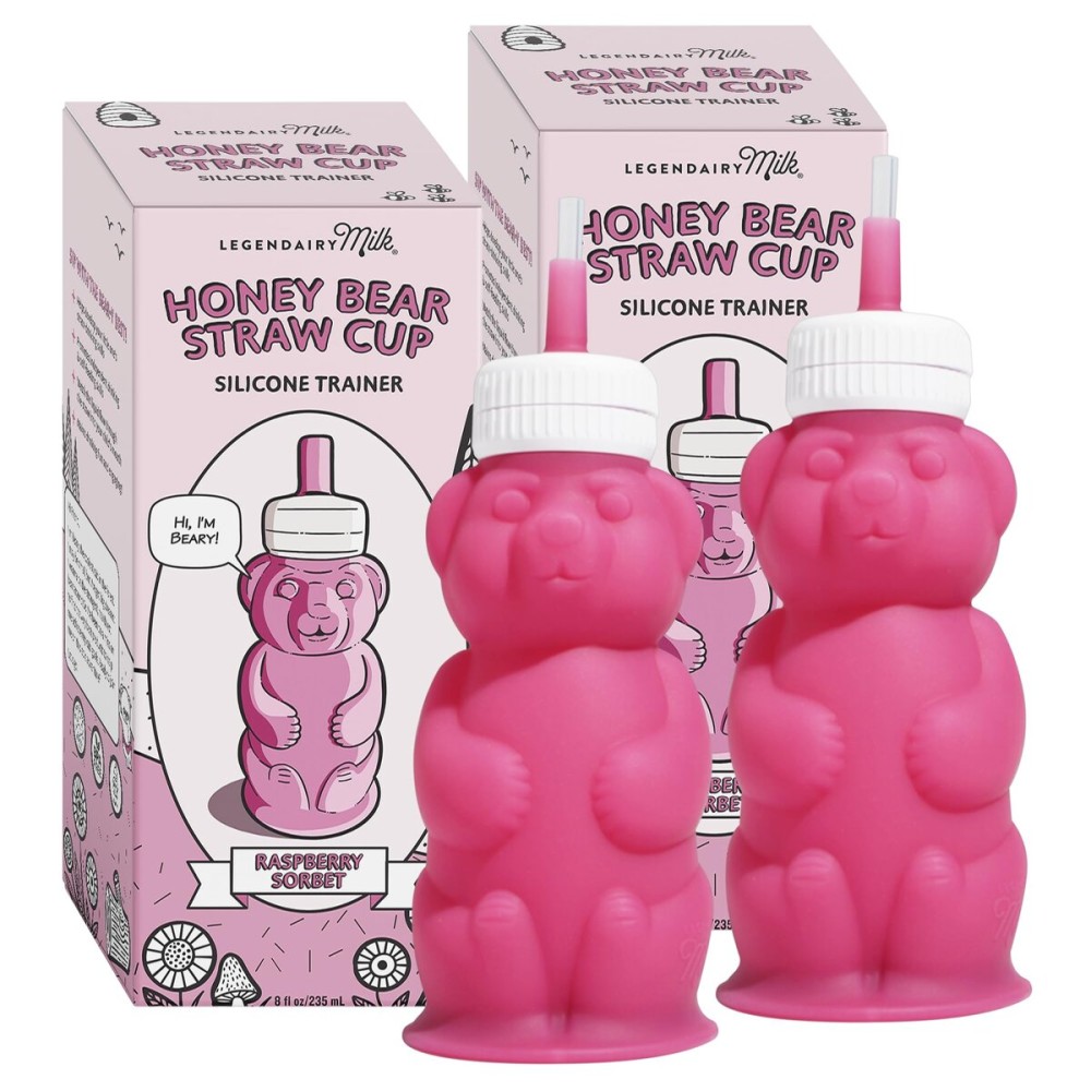 Legendairy Milk Honey Bear Straw Cup Silicone for Babies (Pink), 8 oz. Dishwasher Safe Baby Straw Cup, Food Grade Silicone, Honeybear Sippy Cup for Ages 4+ Months (Pack of 2)